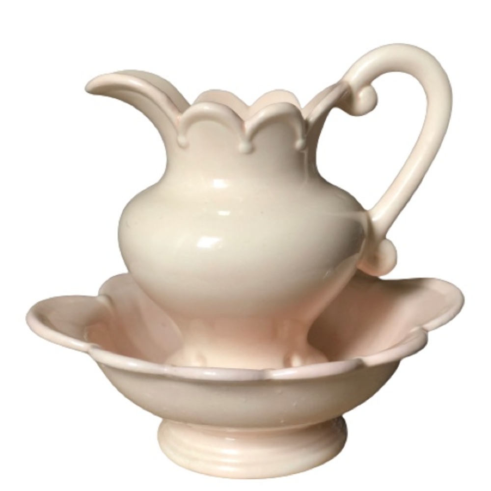 Shell Pink Pitcher Wash Bowl Basin Signed Handmade Ceramic Hand Washing Set